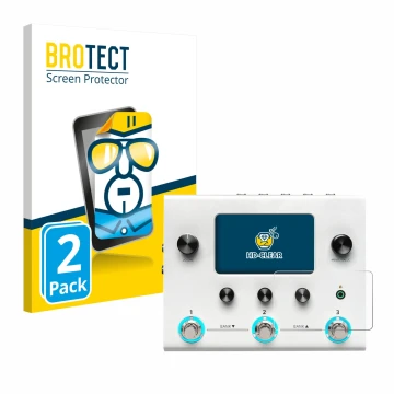 Face avant d’un emballage produit avec le logo de la marque BROTECT. À côté, l’appareil Hotone Ampero II Stomp est représenté 