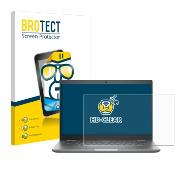 Face avant d’un emballage produit avec le logo de la marque BROTECT. À côté, l’appareil Dell Latitude 5350 Laptop est représen