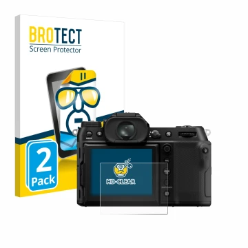 Face avant d’un emballage produit avec le logo de la marque BROTECT. À côté, l’appareil Fujifilm GFX100S II est représenté ave