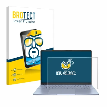 Face avant d’un emballage produit avec le logo de la marque BROTECT. À côté, l’appareil ASUS Vivobook S16 OLED S5606 est repré