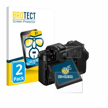 Face avant d’un emballage produit avec le logo de la marque BROTECT. À côté, l’appareil Fujifilm GFX100S II (Affichage + affic