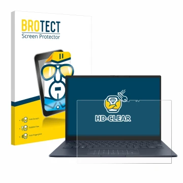 Face avant d’un emballage produit avec le logo de la marque BROTECT. À côté, l’appareil ASUS ZenBook 14 OLED UX3405 Touch est 