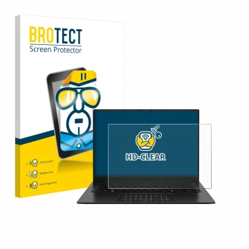 Face avant d’un emballage produit avec le logo de la marque BROTECT. À côté, l’appareil ASUS ZenBook 14 OLED UM3406 est représ