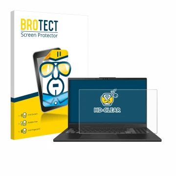 Face avant d’un emballage produit avec le logo de la marque BROTECT. À côté, l’appareil ASUS VivoBook Pro 15 OLED N6506 est re