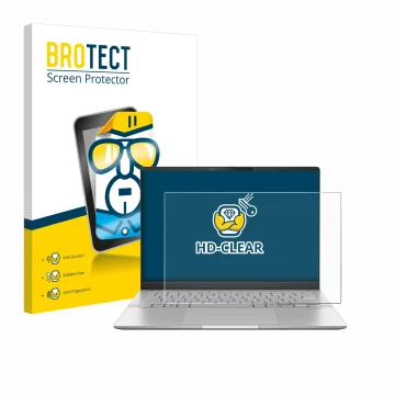 Face avant d’un emballage produit avec le logo de la marque BROTECT. À côté, l’appareil ASUS Vivobook S 14 OLED M5406 est repr