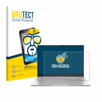 Face avant d’un emballage produit avec le logo de la marque BROTECT. À côté, l’appareil ASUS Vivobook S16 OLED M5606 est repré