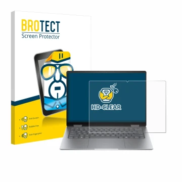 Face avant d’un emballage produit avec le logo de la marque BROTECT. À côté, l’appareil HP Envy x360 14 2-in-1 est représenté 