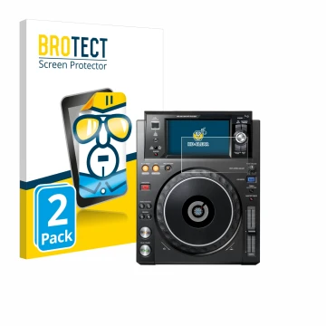 Face avant d’un emballage produit avec le logo de la marque BROTECT. À côté, l’appareil Pioneer XDJ -1000MK2 est représenté av