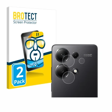 Face avant d’un emballage produit avec le logo de la marque BROTECT. À côté, l’appareil Xiaomi Redmi Note 13 Pro 4G (Caméra UN