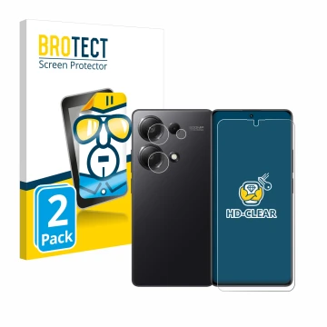 Face avant d’un emballage produit avec le logo de la marque BROTECT. À côté, l’appareil Xiaomi Redmi Note 13 Pro 4G (Avant+Cam