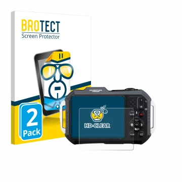 Face avant d’un emballage produit avec le logo de la marque BROTECT. À côté, l’appareil Ricoh Pentax WG-1000 est représenté av