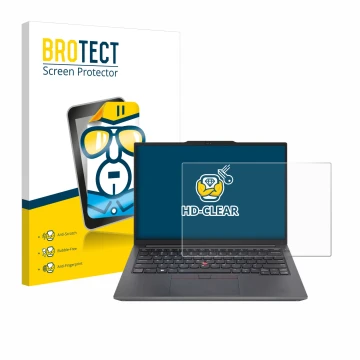 Face avant d’un emballage produit avec le logo de la marque BROTECT. À côté, l’appareil Lenovo ThinkPad E14 Gen 6 est représen