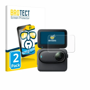 Face avant d’un emballage produit avec le logo de la marque BROTECT. À côté, l’appareil Insta360 Go 3S est représenté avec la 
