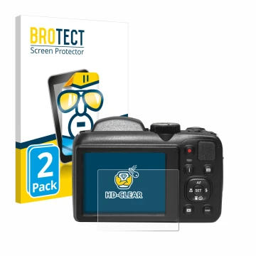 Face avant d’un emballage produit avec le logo de la marque BROTECT. À côté, l’appareil Kodak Pixpro AZ255 est représenté avec