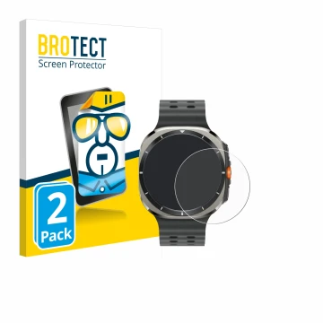 Face avant d’un emballage produit avec le logo de la marque BROTECT. À côté, l’appareil Samsung Galaxy Watch Ultra (47 mm) est