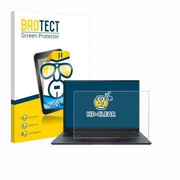 Face avant d’un emballage produit avec le logo de la marque BROTECT. À côté, l’appareil ASUS ZenBook Pro 14 UX6404V est représ