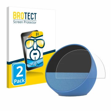 Face avant d’un emballage produit avec le logo de la marque BROTECT. À côté, l’appareil Amazon Echo Spot 2024 est représenté a