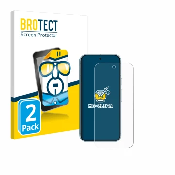 Face avant d’un emballage produit avec le logo de la marque BROTECT. À côté, l’appareil Google Pixel 9 est représenté avec la 