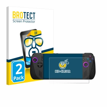 Face avant d’un emballage produit avec le logo de la marque BROTECT. À côté, l’appareil ASUS ROG Ally X (2024) est représenté 