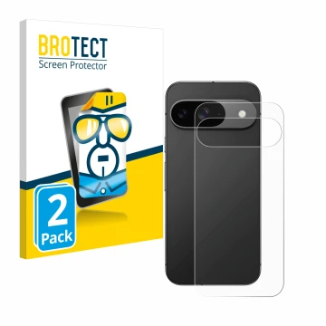 Face avant d’un emballage produit avec le logo de la marque BROTECT. À côté, l’appareil Google Pixel 9 (Arrière) est représent