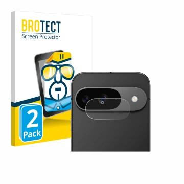 Face avant d’un emballage produit avec le logo de la marque BROTECT. À côté, l’appareil Google Pixel 9 (Caméra UNIQUEMENT) est