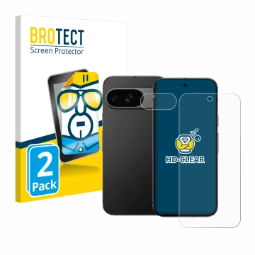 Face avant d’un emballage produit avec le logo de la marque BROTECT. À côté, l’appareil Google Pixel 9 (Avant+Caméra) est repr