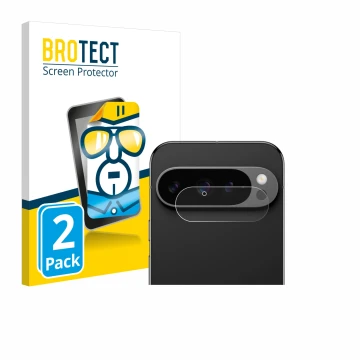 Face avant d’un emballage produit avec le logo de la marque BROTECT. À côté, l’appareil Google Pixel 9 Pro (Caméra UNIQUEMENT)