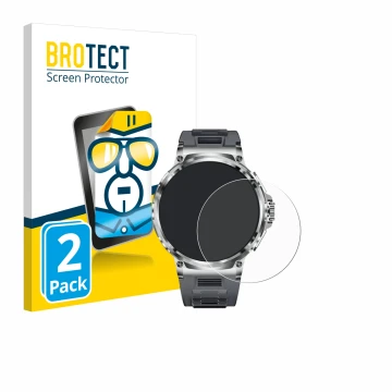 Face avant d’un emballage produit avec le logo de la marque BROTECT. À côté, l’appareil Smartwatch V69 1.85