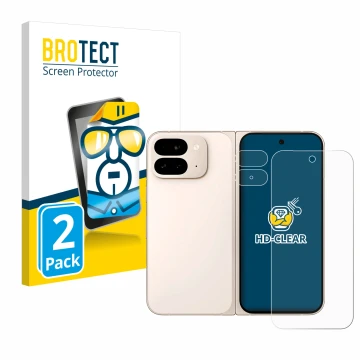 Face avant d’un emballage produit avec le logo de la marque BROTECT. À côté, l’appareil Google Pixel 9 Pro Fold (Avant+Caméra)