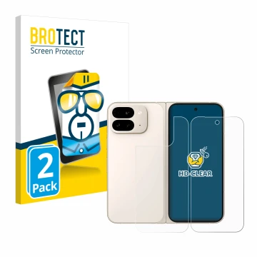 Face avant d’un emballage produit avec le logo de la marque BROTECT. À côté, l’appareil Google Pixel 9 Pro Fold (Avant+Arrière