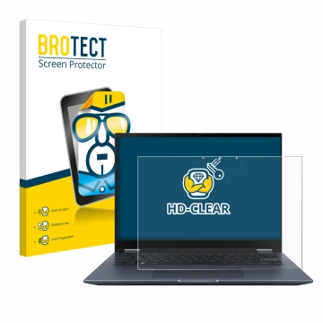 Face avant d’un emballage produit avec le logo de la marque BROTECT. À côté, l’appareil ASUS Vivobook S 14 Flip TN3402 est rep