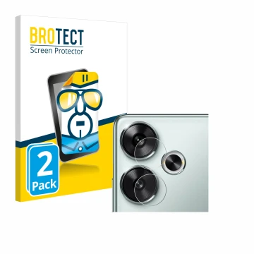 Face avant d’un emballage produit avec le logo de la marque BROTECT. À côté, l’appareil Xiaomi Poco F6 (Caméra UNIQUEMENT) est