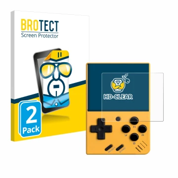 Face avant d’un emballage produit avec le logo de la marque BROTECT. À côté, l’appareil Miyoo Mini V4 est représenté avec la p