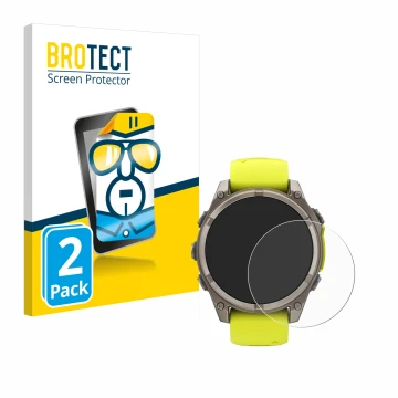 Face avant d’un emballage produit avec le logo de la marque BROTECT. À côté, l’appareil Garmin Fenix 8 Solar (47 mm) est repré