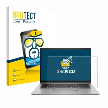 Face avant d’un emballage produit avec le logo de la marque BROTECT. À côté, l’appareil HP Zbook Firefly 14 G11 est représenté