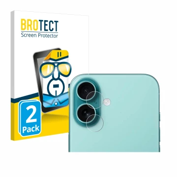 Face avant d’un emballage produit avec le logo de la marque BROTECT. À côté, l’appareil Apple iPhone 16 (Caméra UNIQUEMENT) es