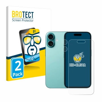 Face avant d’un emballage produit avec le logo de la marque BROTECT. À côté, l’appareil Apple iPhone 16 (Avant+Caméra) est rep