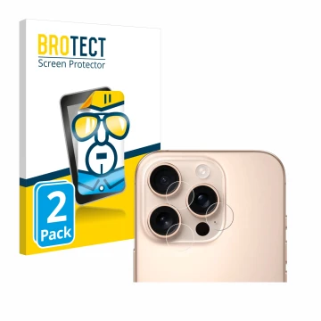 Face avant d’un emballage produit avec le logo de la marque BROTECT. À côté, l’appareil Apple iPhone 16 Pro (Caméra UNIQUEMENT