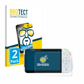 Face avant d’un emballage produit avec le logo de la marque BROTECT. À côté, l’appareil Babysense MaxView-2CAM 5,5