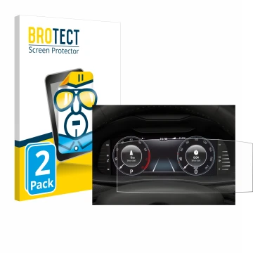 Face avant d’un emballage produit avec le logo de la marque BROTECT. À côté, l’appareil Skoda Virtual Cockpit 10.25