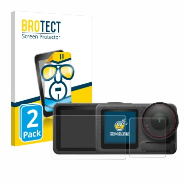 Face avant d’un emballage produit avec le logo de la marque BROTECT. À côté, l’appareil DJI Osmo Action 5 Pro est représenté a
