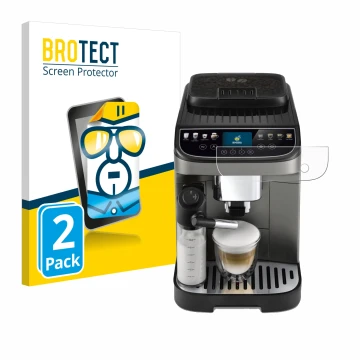 Face avant d’un emballage produit avec le logo de la marque BROTECT. À côté, l’appareil DeLonghi Magnifica Evo Next est représ