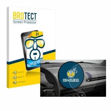 Face avant d’un emballage produit avec le logo de la marque BROTECT. À côté, l’appareil Mini Cooper Electric BJ 2024 est repré