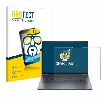Face avant d’un emballage produit avec le logo de la marque BROTECT. À côté, l’appareil HP Dragonfly 13.5