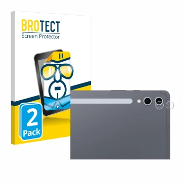 Face avant d’un emballage produit avec le logo de la marque BROTECT. À côté, l’appareil Samsung Galaxy Tab S10 Plus WiFi (Camé