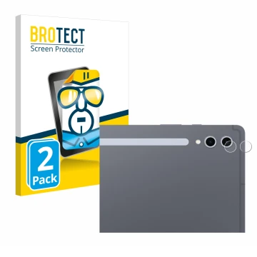 Face avant d’un emballage produit avec le logo de la marque BROTECT. À côté, l’appareil Samsung Galaxy Tab S10 Ultra 5G (Camér