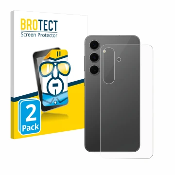 Face avant d’un emballage produit avec le logo de la marque BROTECT. À côté, l’appareil Samsung Galaxy S24 FE (Arrière) est re