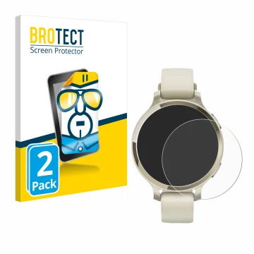 Face avant d’un emballage produit avec le logo de la marque BROTECT. À côté, l’appareil Garmin Lily 2 Active est représenté av
