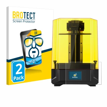 Face avant d’un emballage produit avec le logo de la marque BROTECT. À côté, l’appareil Anycubic Photon Mono X2 9,1