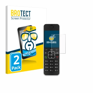 Face avant d’un emballage produit avec le logo de la marque BROTECT. À côté, l’appareil AVM Fritz!Fon C6 Black est représenté 